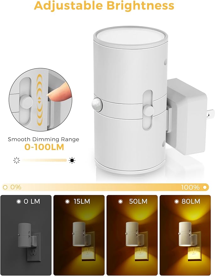 L LOHAS LED Motion Sensor Nightlight, Amber Night Light, [2 Pack] Motion Activated Night Light, Yellow Nightlights, Dimmable 0-100LM, Sleep Light for Bathroom Hallway Bedroom Stairway Kitchen