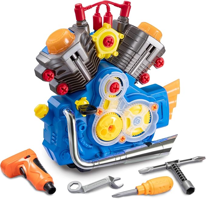 Engine Building Kit, Kids Mechanic Repair Set for Kids Motorcycle Engine，Take Apart Toys-42pc Playset，STEM Engine Model Kit Toy with Cool Lights&Sounds，Educational Toys for 3+ Year Old (Blue)