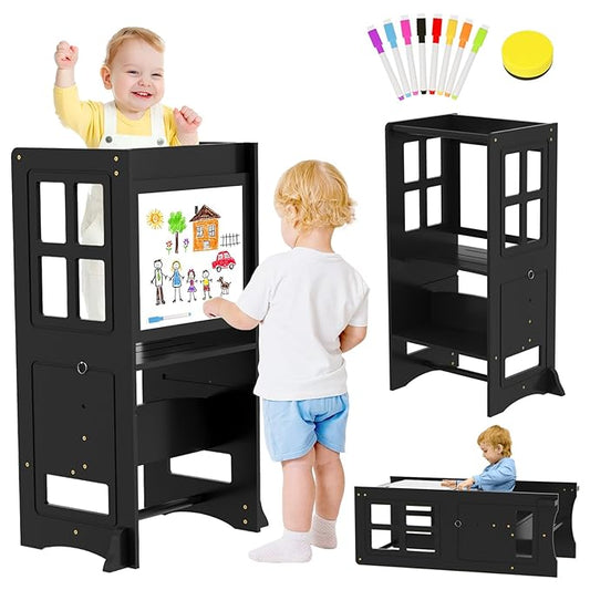 4 in 1 Kitchen Step Stool Helper for Toddlers, Adjustable-Height Toddler Learning Standing Tower with Double-Sided Whiteboard, Non-Skid Feet Kids Step Stools for Kitchen Counter Bathroom Sink