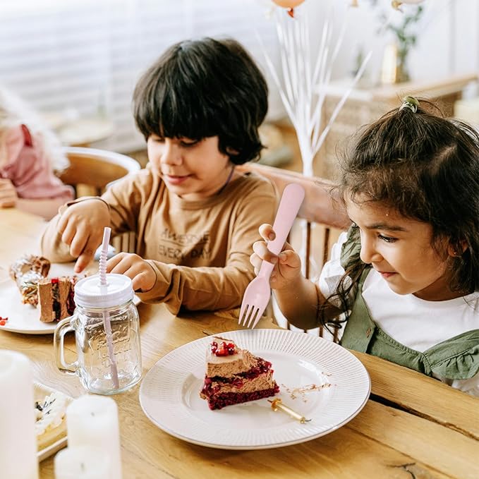 12 Pcs Kids Spoons and Forks Toddler Utensils Plastics Reusable Silverware Baby Cutlery Set Feeding Dinnerware Utensils BPA Free Microwave Dishwasher and Freezer Safe- Pink