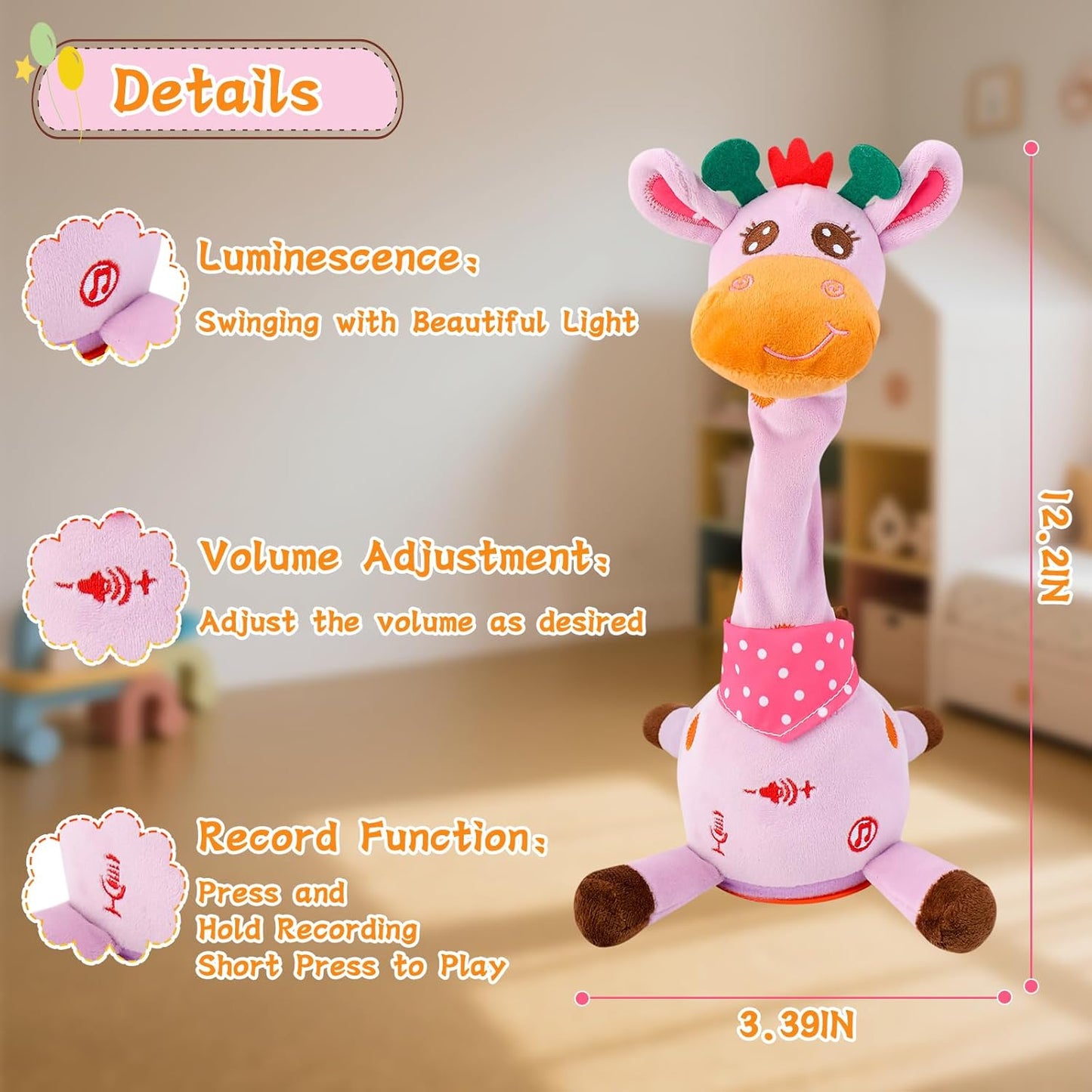 Dancing Giraffe Toy, Stuffed Animal Toy Repeating What You Say, Glowing Musical Electronic Talking Giraffe Gifts