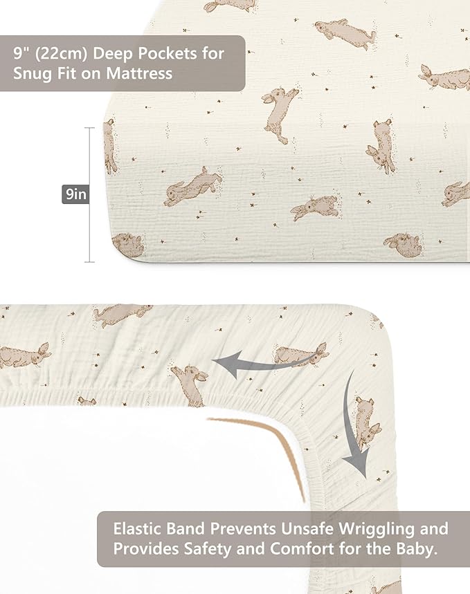 Crib Sheets for Baby Boy Girl 2 Pack, Fitted Crib Mattress Sheet 28" x 52", Muslin Toddler Bedding with Neutral Style, Nursery Bedding Essentials (Hopping Bunnies & Beige)