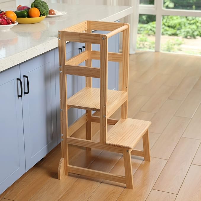 Kitchen Step Stool for Toddlers,Wiifo Adjustable Height Kids Learning Stool, Toddler Standing Tower(Natural)