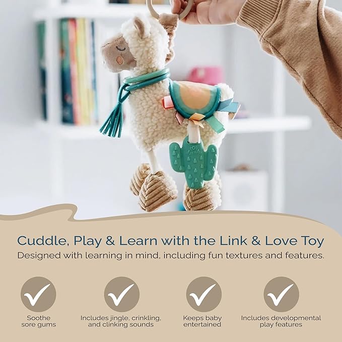 Itzy Ritzy Link & Love Toy for Stroller or Car Seat; Features Textured Ribbons, Crinkle Sounds, Clinking Rings & Silicone Teether; Designed For Ages 0 Months and Up (Llama)