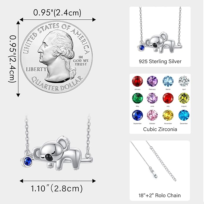 JUSTKIDSTOY Koala Necklace Sterling Silver Cute Animal Koala Bear Birthstone Necklace Jewelry Christmas Birthday Gifts for Women Girls