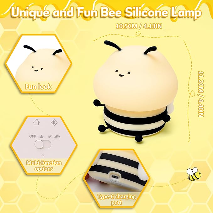 Bee Gifts, Cute Bee Night Light, Animal Silicone Nursery Lamp with Dimming and Timing Function, 9 Lighting Effects, Cute Room Decor Lights