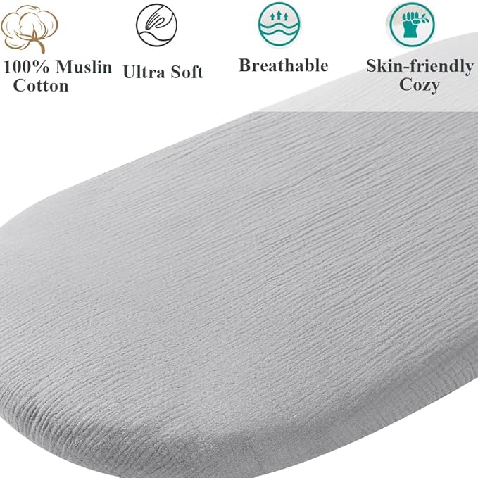 Muslin Bassinet Sheet Compatible with Baby Delight Beside Me Dreamer Bassinet, 2 Pack Cotton Stylish Boho Fitted Bassinet Sheets Super Soft for Baby Grey & Pink