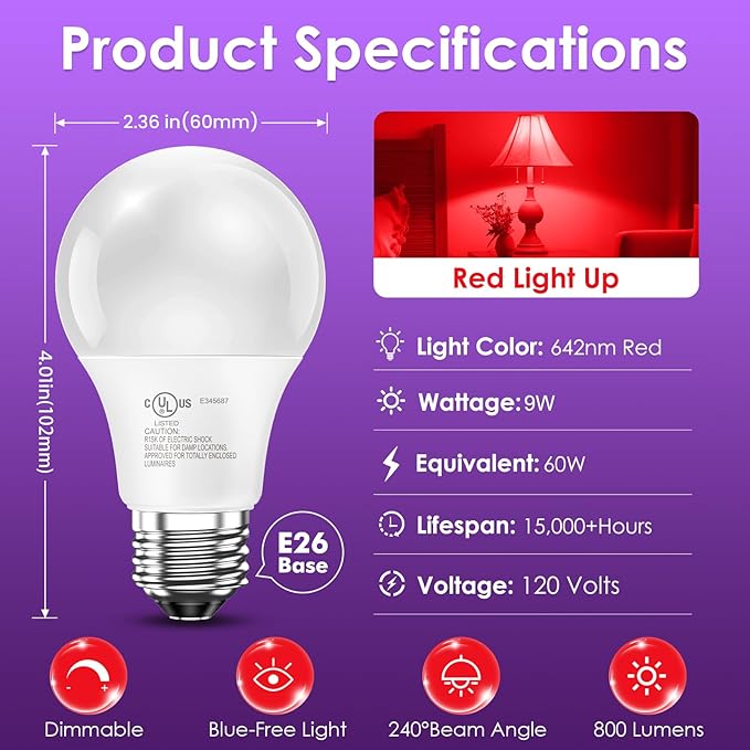 TJOY Red Light Bulbs for Sleep Dimmable, 642nm Red Led Bulb for Melatonin Promoting, 100% Blue Light Blocking, A19 60W Equivalent, 9W E26 Dim Night Light for Bedroom Baby Nursery, 2 Pack