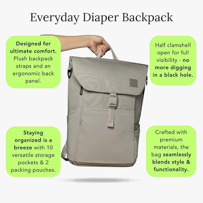 Huhu Diaper Bag Backpack – Baby Bag for Moms & Dads – Water-Resistant, Unisex Travel Kit for New Parents – Includes Changing Pad and 2 Organizer Pouches (Daybreak Taupe)