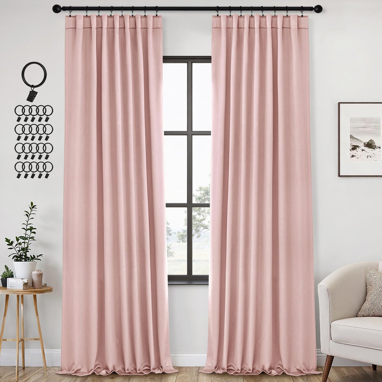 ANRODUO Light Pink Blackout Curtains for Girls Bedroom Living Room, Back Tab Rod Pocket Pinch Pleated Thermal Insulated Room Darkening Curtains 120 Inches Long 2 Panels, 52 x 120 Inch
