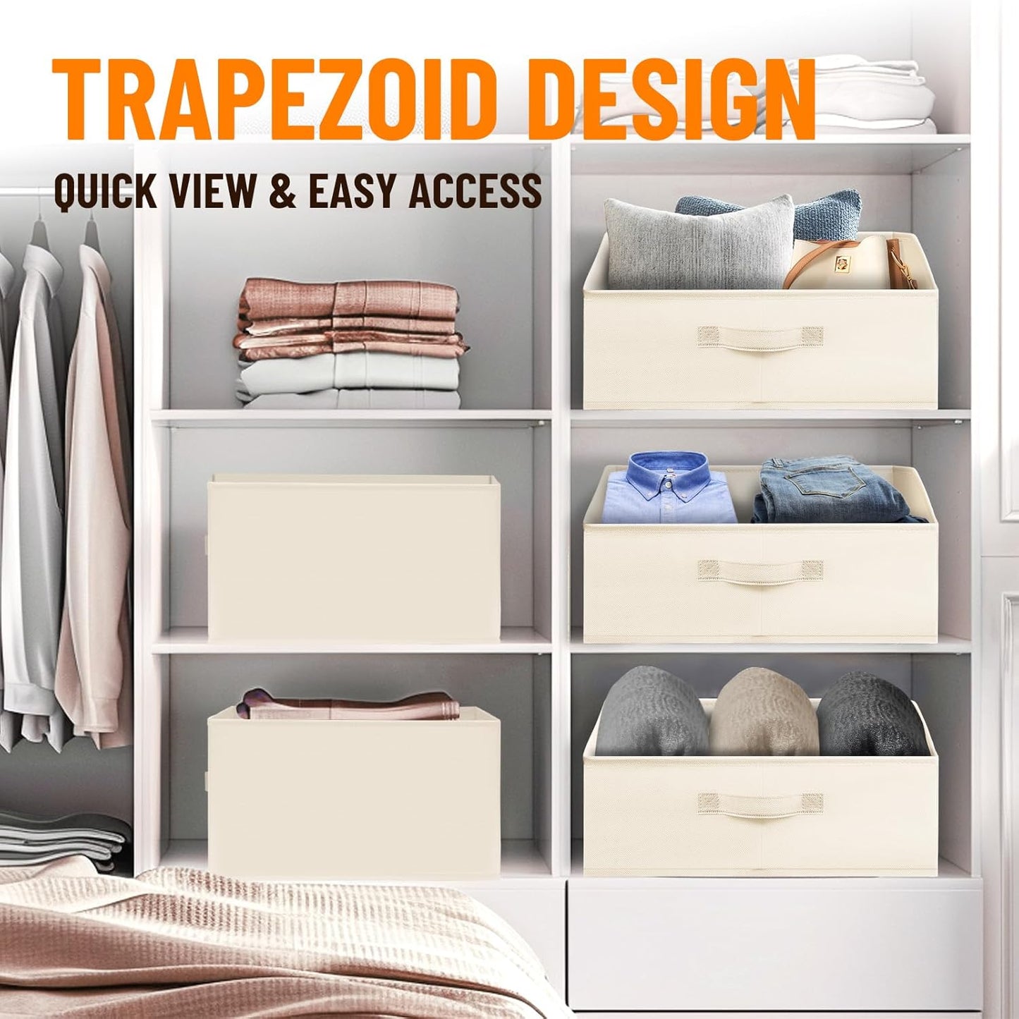 Criusia Closet Organizers Bins 6 Pack - Large Closet Shelf Organizer with Handles - Fabric Trapezoid Home Organization and Storage Baskets for Organizing Clothes Toy Blanket Towel Purse Hats