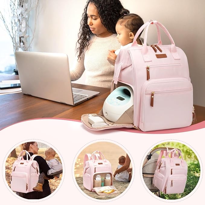 Breast Pump Bag for Spectra & Work with 14 inch Laptop Sleeve - Convertible Large Diaper Bag Backpack with Cooler Storage for Travel, Pink
