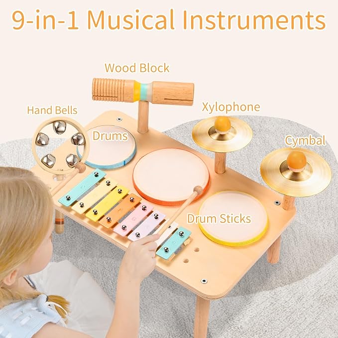 WINGYZ Drum Set for 1 Year Old Toddlers – 10 in 1 Wooden Baby Musical Toys for Kids with Drums, Xylophone, Cymbals, Bell & Tone Block, Montessori Music Instruments Gift for Ages 1-3 2-5
