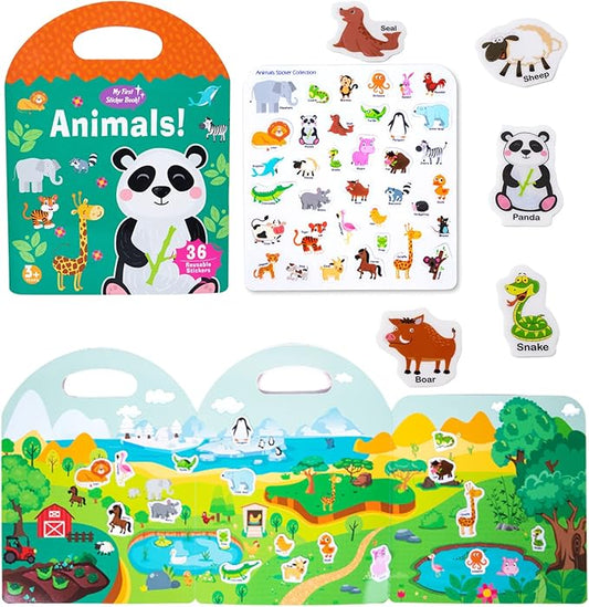 Jelly Reusable Sticker Books for Toddlers 1-3 2-4 Years, Portable Travel Toys Sticker Activity Book for Kids 2 3 4 Year Old Girls Boys (Animals)