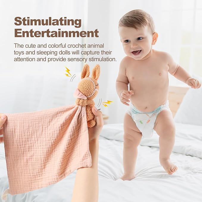 Hand-Knit Crochet Baby Animal Security Blanket | Organic Cotton Baby Shaker Rattle Toy & Comforter Lovey | Soft Sensory Stroller Toy for Newborns Infants 0-6-12 Months (Baby Pony Design)