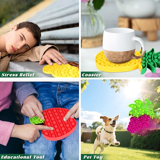 4 PCS Fidget Push Toy for Kids, Fruit Silicone Push Bubble Fidget Sensory Toys, Anxiety Relief Squeeze Toy for Kids Adults Classroom Party Favor - Apple, Banana, Grape, Pineapple