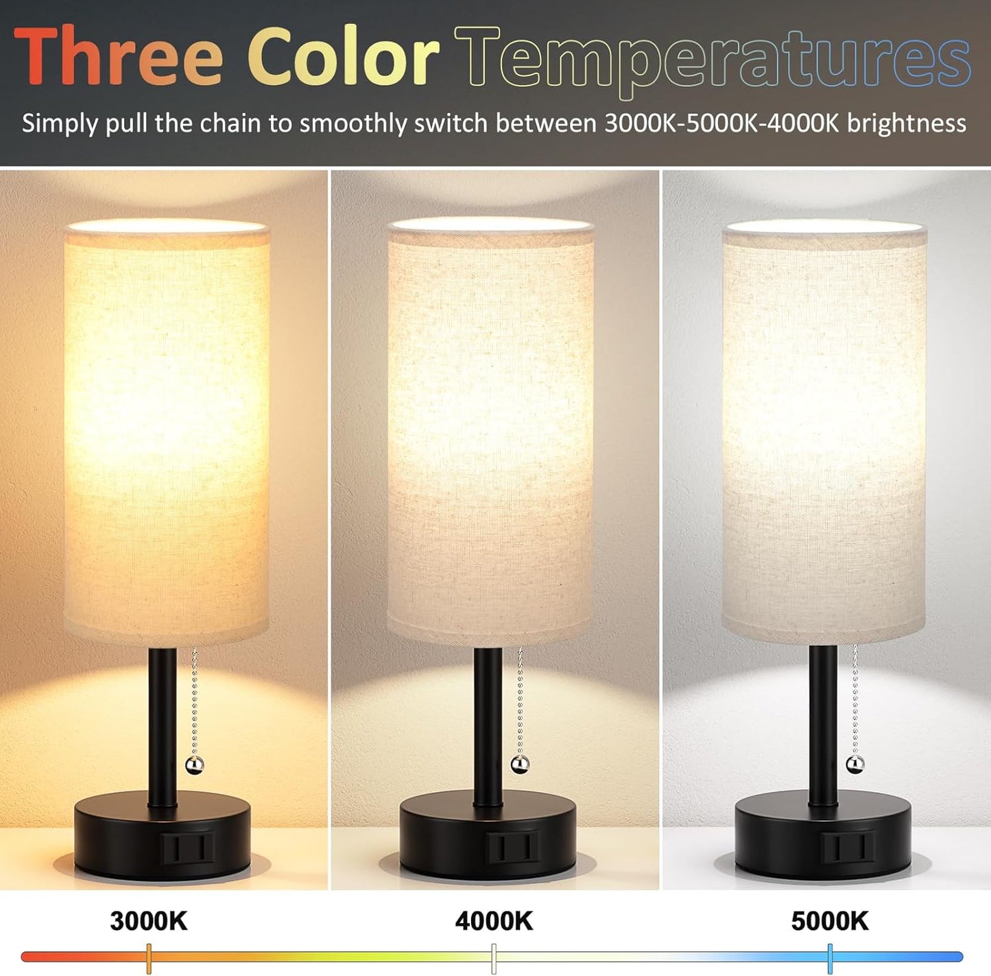 Bedside Table Lamps Set of 2-3 Color Temperatures Pull Chain Lamp with AC Outlet Charging Port, Round Night Stand Lamps for Bedroom Guest Room Office, Small Bed Side Light with E26 LED Bulbs