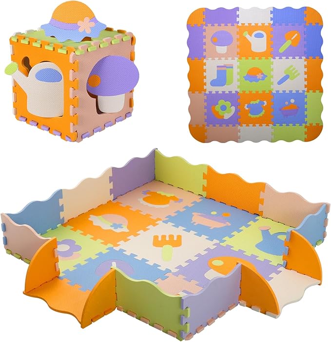 Coolcandy Baby Play Mat, 25Pcs Interlocking Puzzle Floor Mat, with Safety Fence - 0.4" Thick Non-Toxic EVA Foam Play Mat, for Infants & Toddlers 3-36 Months, Soft Puzzle Tiles for Play Areas