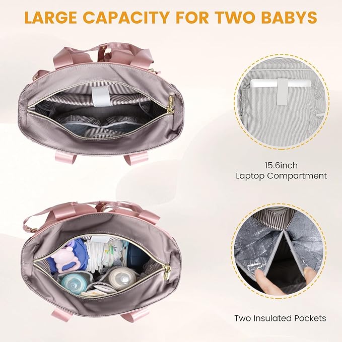 LOVEVOOK Diaper Bag Backpack,Diaper Bag Tote with Insulated Pockets,Baby Bag for Girl Boy with Changing Pad,Large Baby Diaper Bag with Pacifier Case,Anti-Theft Travel Backpack for Women,Pink-Gray