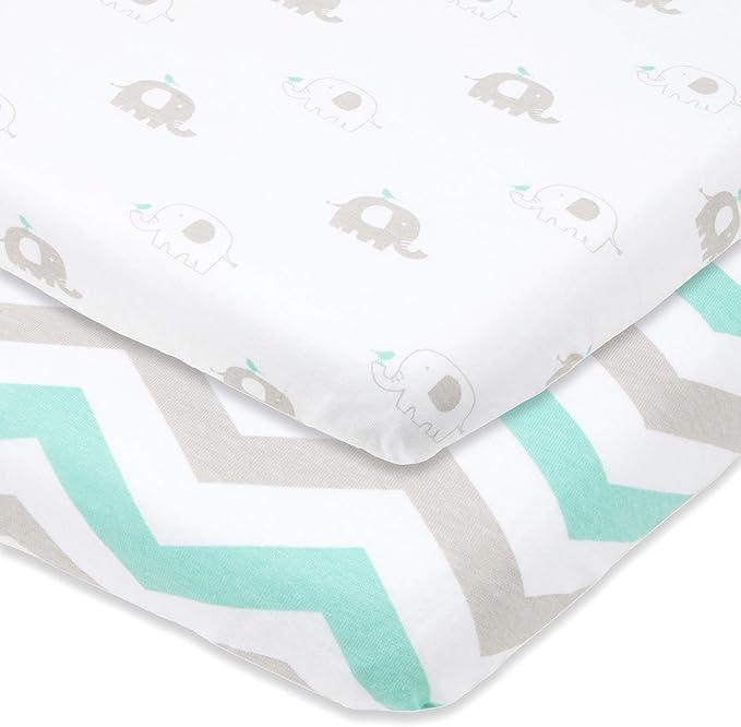 Bedside Sleeper Bassinet Sheets – Compatible with Milliard Side Sleeper – Fits 21 x 36 Mattress Without Bunching – Snuggly Soft Jersey Cotton – Grey, Mint – 2 Pack