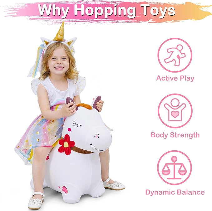 iPlay, iLearn Bouncy Pals White Hopping Horse, Inflatable Bouncing Animal Hopper Toy W/Pump, Plush Ride on Bouncer, Indoor Outdoor Birthday Gifts for 18 24 Month 2 3 4 5 Year Old Toddler Kid Boy Girl