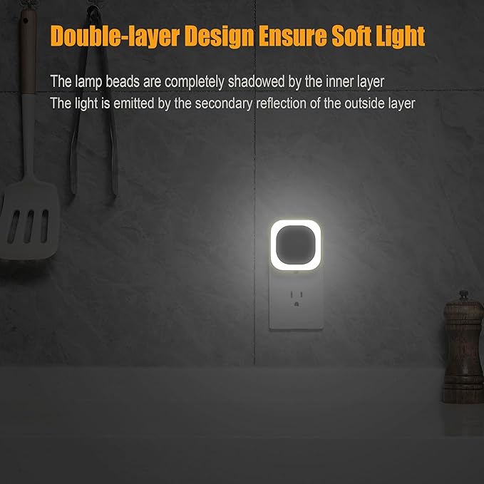 2 Pack Daylight White Night Light, Gentle Eye-Care with Dimmable Wide-Glow & Indirect Reflection, Auto Dusk to Dawn Sensor, Plug in for Kitchen Counter, Garage Workshop, Laundry, Hallway