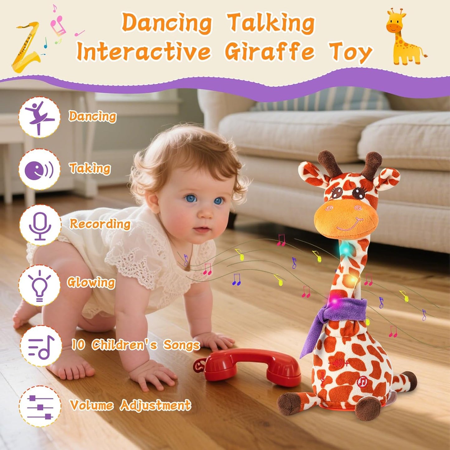 Dancing Talking Giraffe Toy, Stuffed Animal Toy Repeating What You Say, Glowing Musical Electronic Giraffe Gifts