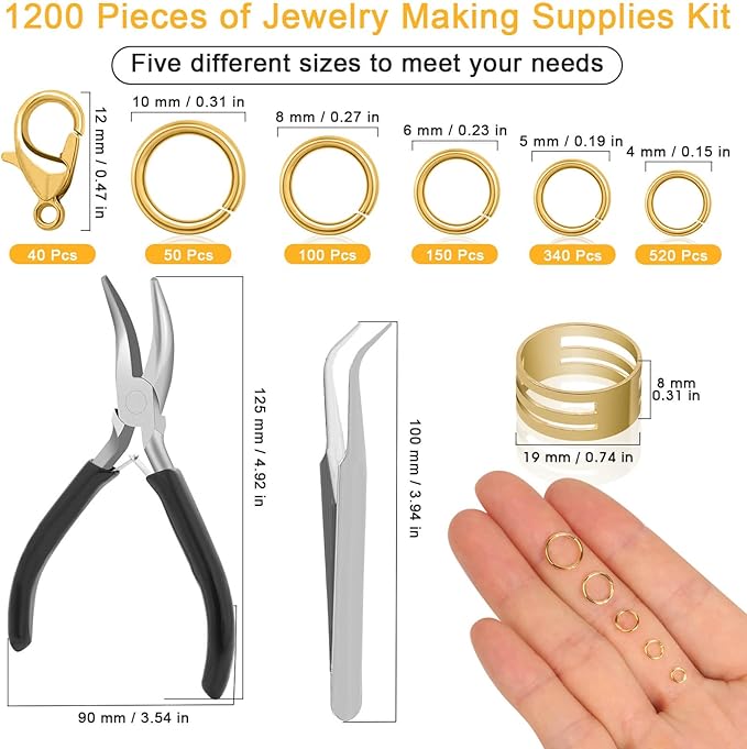 Anezus 1200PCS Jump Rings for Jewelry Making Kit, Gold, Jewelry Making Supplies and Necklace Repair, Modern Style, Small Size, Not Foldable