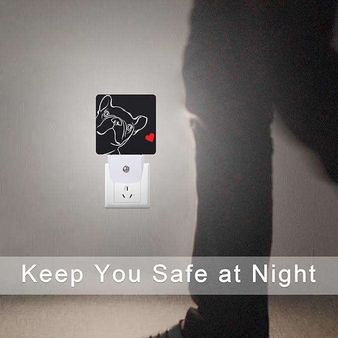 French Bulldog Dog red Heart Night Light Plug-in LED Nightlights Auto Sensor Night Lamp Dusk-to-Dawn Lamp Home Decor for Nursery Children Girls Boys