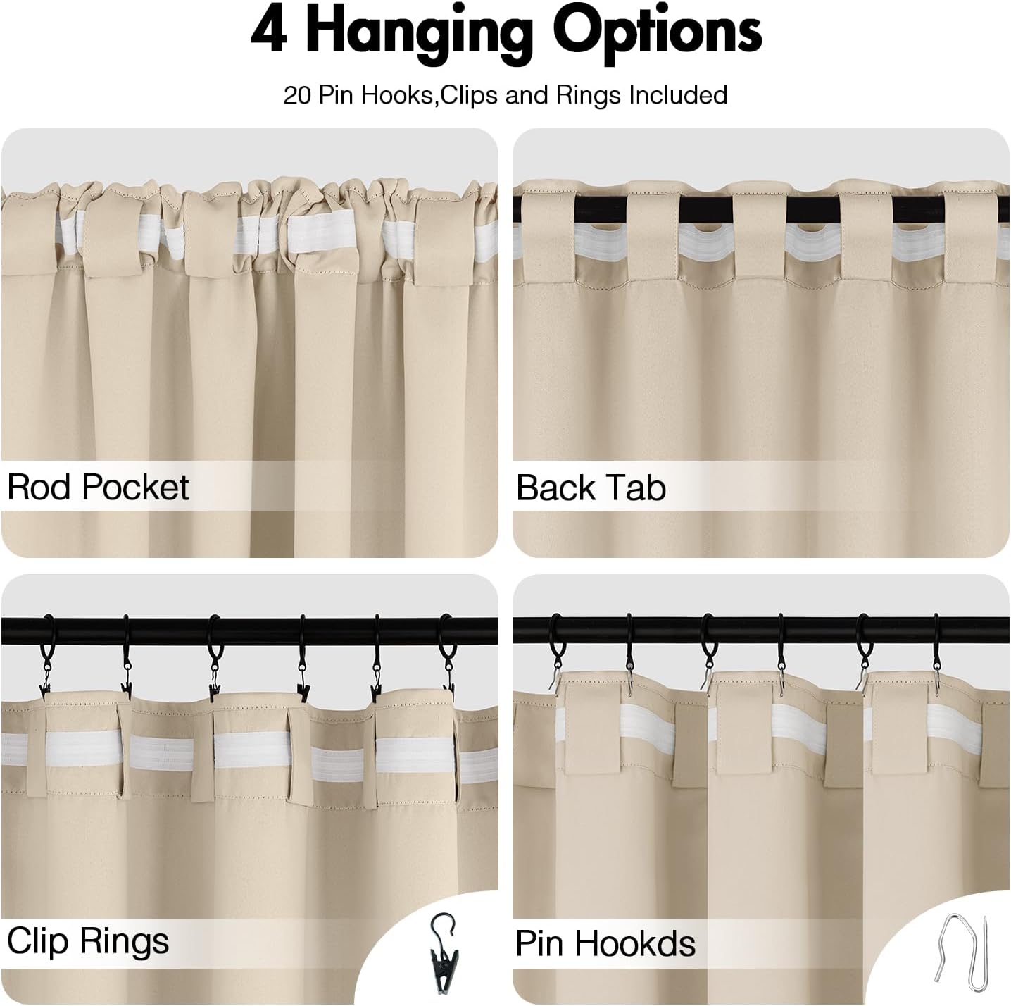 ANRODUO Back Tab Blackout Curtains for Bedroom Living Room, Rod Pocket Pinch Pleated Thermal Insulated Room Darkening Curtains 108 Inches Long 2 Panels, Cream Beige, 52 x 108 Inch