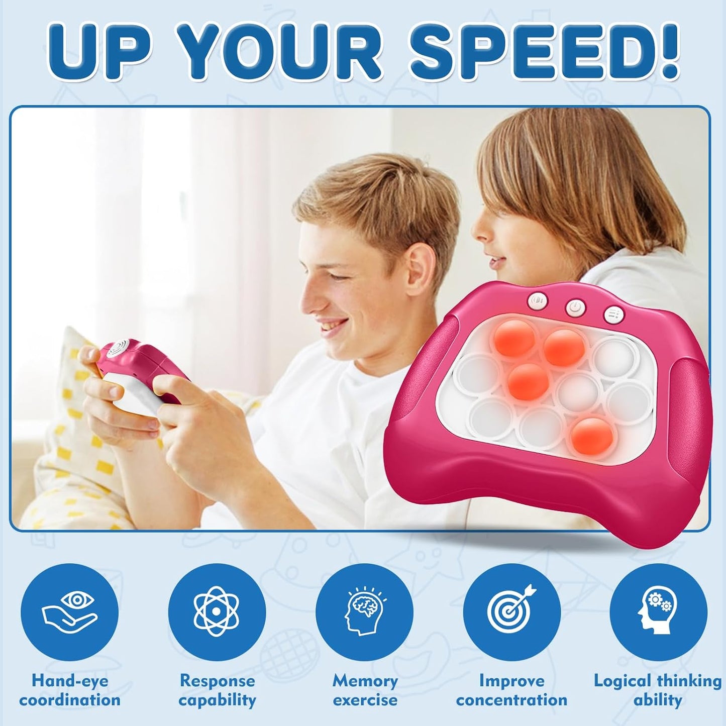 Quick Push Bubble Game for Kids 3+, Electronic Quick Push Game Console, 4 Modes Push Pop Game Christmas Birthday Gifts for Boys Girls Adults, Light-Up Interactive Educational Sensory Fidget Toy, Pink