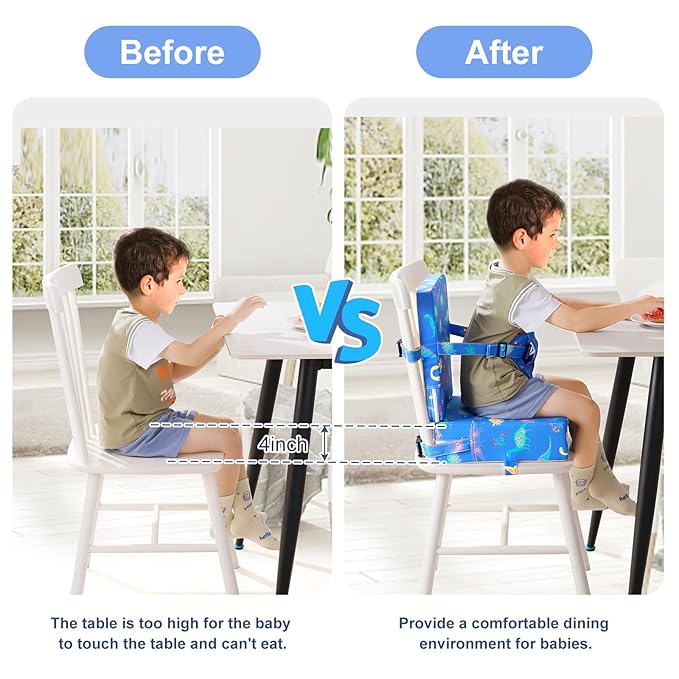 Toddler Booster Seat for Dining Table, Dinosaur Booster Seat for Table with Backrest and Adjustable Seat Belts Non-Slip Bottom Portable Booster Seat Increasing Cushion for Kid Baby Eating Travel Home