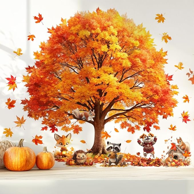 Autumn Window Clings | Fall Tree Pumpkin Fox Squirrel Owl Raccoon | Weather-Resistant Static Cling for Outdoor/Indoor Glass, Perfect for Porch & Window Décor Bundle Style-3