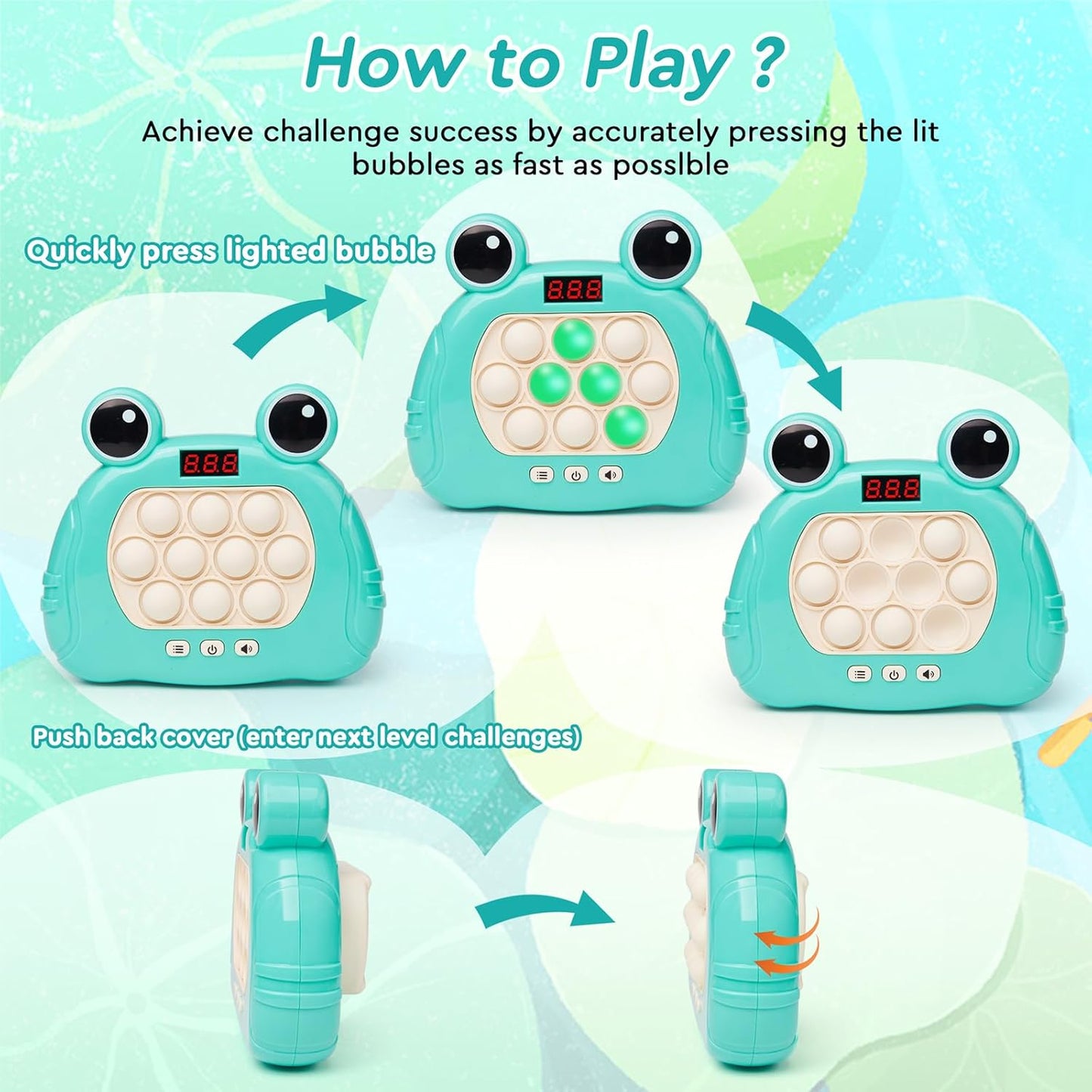 Fast Push Bubble Game, Pop Light Up Game Pop Fidget Toys, Quick Push Console Sensory Toys, Stress Relief Bubble Pop Puzzle Machine for Kids and Adults(Frog Green)