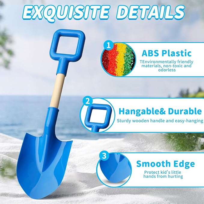 16" Beach Sand Shovels Toy for Kids, Garden Scoop Tool Kits, Sturdy Long Handheld Wooden Plastic Spade for Sand Digging, Summer Backyard (Blue Green)