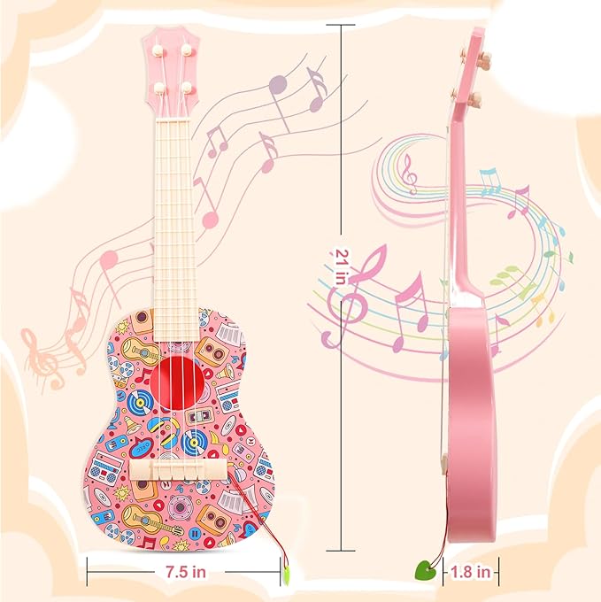LeeQee 21in Colorful Graffiti Ukulele Guitar for Kids, 4 Strings Kids Guitar Ukulele Musical Instruments Learning Educational Toys with Picks for 3 4 5 6 7 8 9 10 11 12 Toddler Boys Girls (Pink)