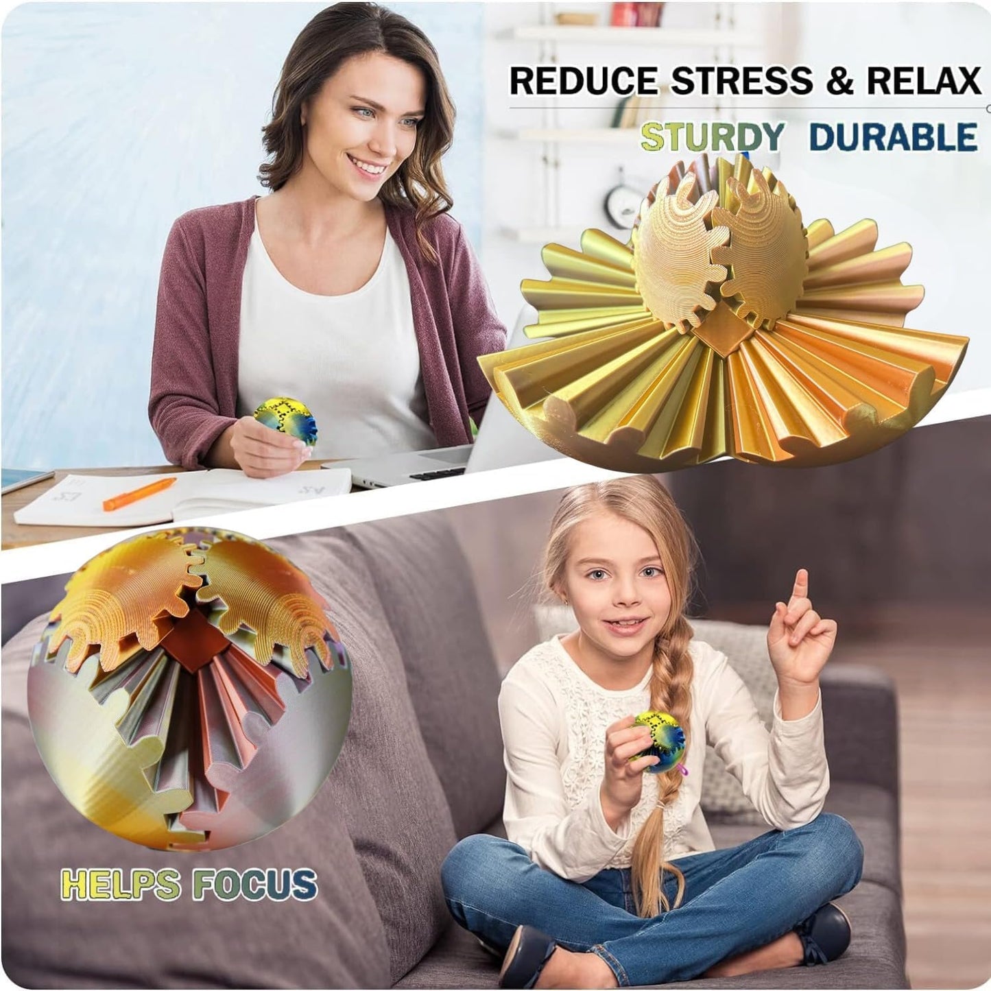 Gear Ball, 4.2in 3D Printed Gear Ball Spin Ball Cube Fidget Toys, Gear Sphere, Gear Balls Fidget Toy, Stress Ball, GearSphere Desk Toy, Fidget Balls, Gear Toy for Anxiety Relaxing (Laser Rose Gold)