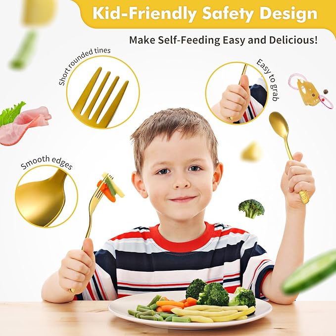 DRKIO Stainless Steel Toddler Utensils Set - 12 Pieces Kids Silverware Set Children Safe Food Grade Small Forks and Spoons Dishwasher Safe Mirror Polished