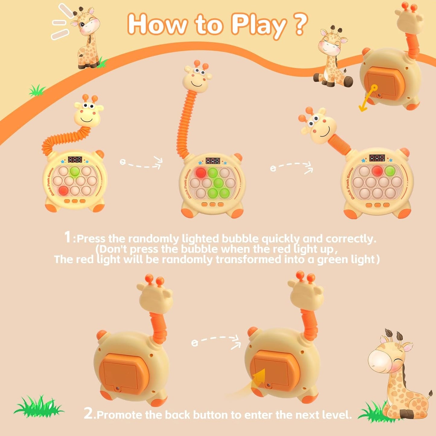 Giraffe Quick Push Game, Stretchable Neck with Fidget Stretch Tube, 20 Game Modes, Light Up Fidget Toys for Kids & Adults, Fast Push Game with LED Screen, Stress Relief, Birthday Gift