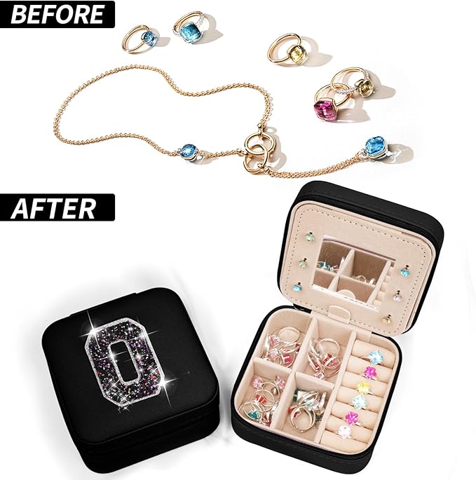 Personalized Jewelry Case for Women Girls - Fashion Mini Jewelry Boxes - Trendy Travel Jewelry Organizer with Initials Letter - Teen Gifts | Black,O
