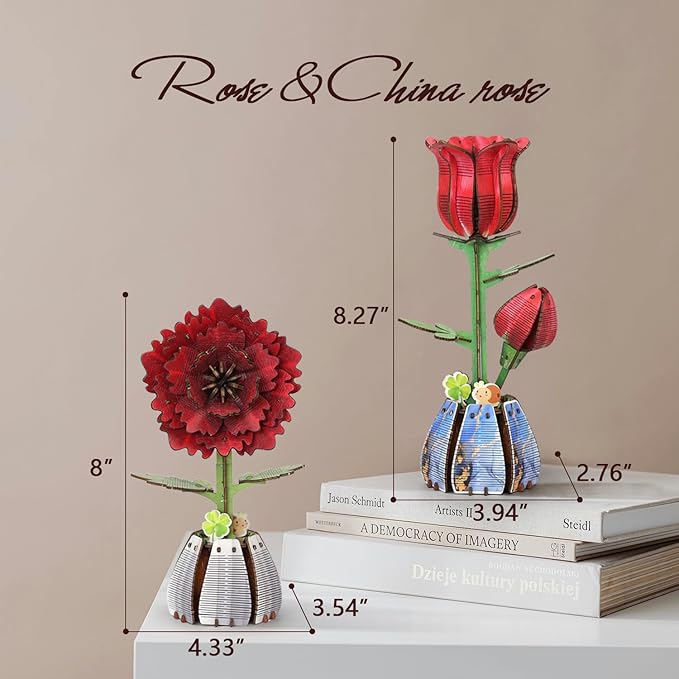 Jege 3D Flowers Wooden Puzzles for Adults,DIY Wooden 2 Flowers per Kit Building Set for Home Decor, Creative Craft Gift Toys Kits with 2 Perfume Bottles and Diffuser Sticks (Rose + China Rose)