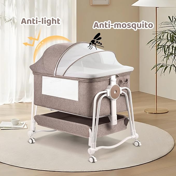 4 in 1 Baby Bassinet Bedside Sleeper, Rocking Baby Crib with Lockable Wheels, Storage, Mosquito Net and Matress Included, 7 Level Adjustable Bedside Bassinet for Baby Newborn(Khaki)