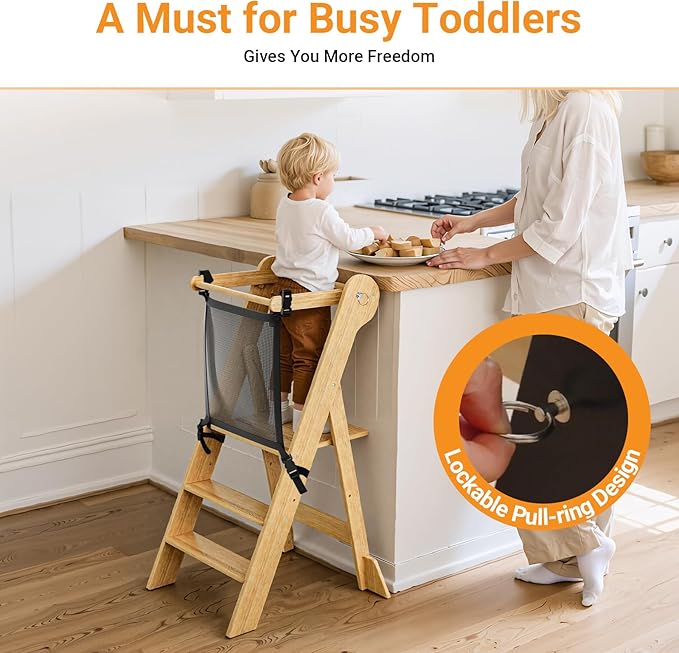 COSYLAND Foldable Toddler Kitchen Stool Helper - Height Adjustable Standing Tower for Bathroom Sink or Kitchen Counter - Step Stool for Toddlers Ages 18 Months to 6 Years Natural