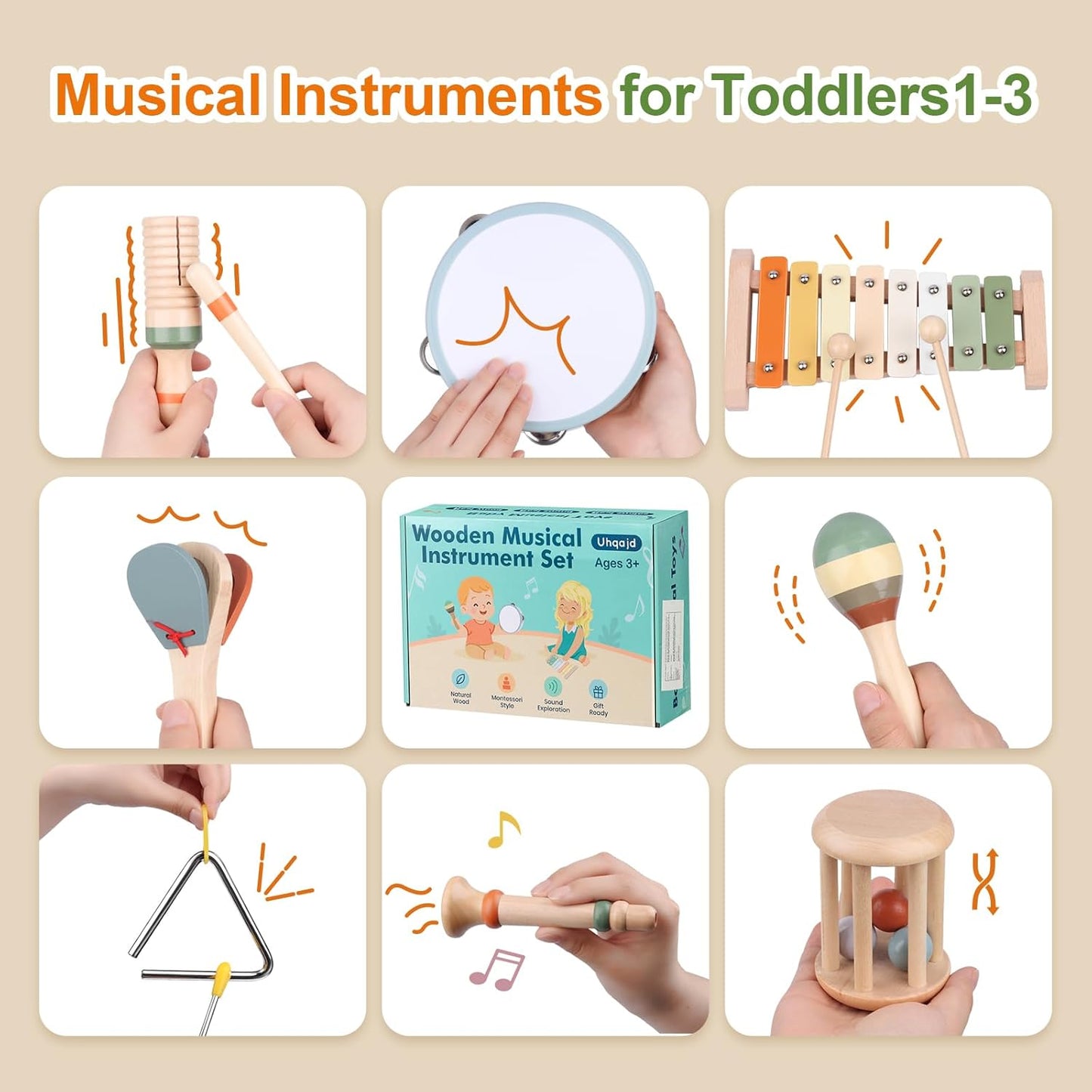 Baby Musical Instruments Set, Montessori Wooden Toys for Toddlers 3+, Neutral Colors Percussion Instruments with Xylophone, Maracas & Tambourine for Kids Preschool Educational and Birthday Gifts