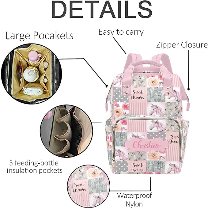 Horse Pink Personalized Diaper Bag with Custom Name – Custom Baby Tote Backpack for Mom, Unique Gift for New Parents, Baby Shower Essentials