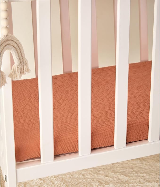 TILLYOU Muslin Bassinet Sheets Girls Boys, 100% Cotton Bassinet Sheets, Fit Oval, Rectangle and Square Mattress, 2 Pack，Caramel&Brown
