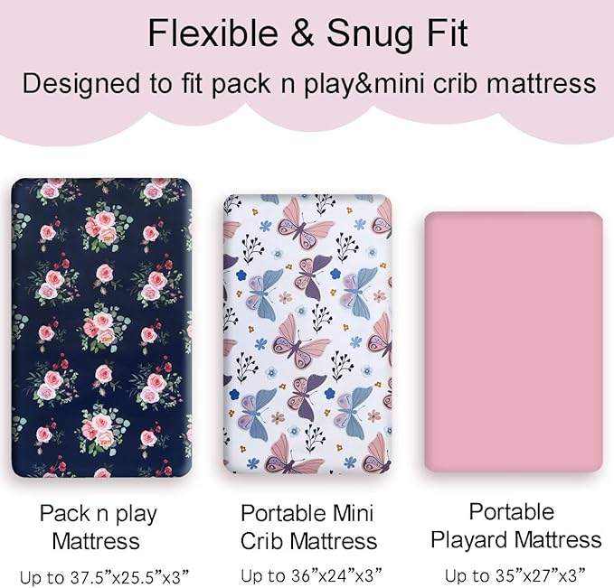 AMROSE 3 Pack Heavenly Soft Mini Crib Sheets, Microfiber Pack N Play Sheets Set for Baby Girls, Silk Touch Gentle, Fitted for Playard Portable Crib Mattress, Floral & Butterfly