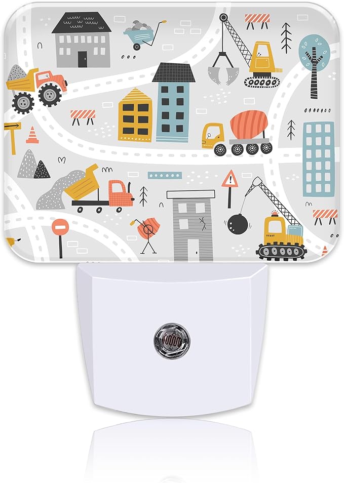 Cartoon Construction Vehicle Night Light for Kids Girls Boys, Building Scene LED Night Light Plug into Wall with Dusk to Dawn Sensor for Bedroom, Hallway, Kitchen, Bathroom, Stairs Decor