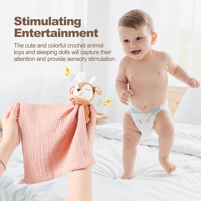 Baby Animal Plush Toys with Rattle, Baby Hand Knitted Animal Security Blankets, Soothing Toys, Gifts for Boys and Girls 12 inch