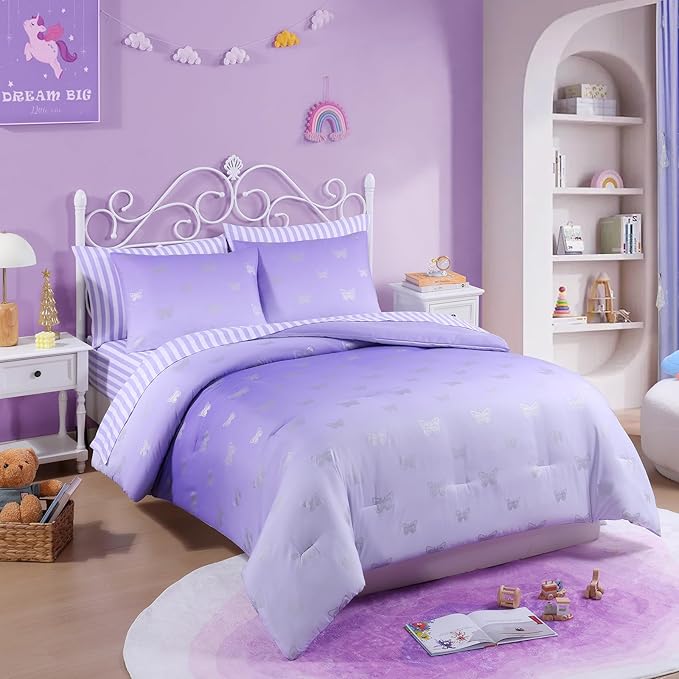 Queen Comforter Set with Sheets for Girls-7 Pieces Queen Bedding Sets with Purple Comforter, Sheets, Pillowcases & Shams for Kids (Purple Butterfly, 90" X 90")